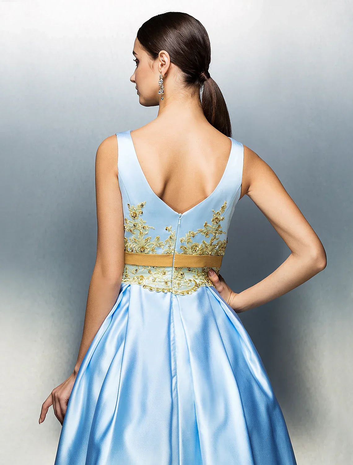 Cocktail Dresses Party Dress Wedding Guest Tea Length Sleeveless Jewel Neck V Back with Pleats Appliques