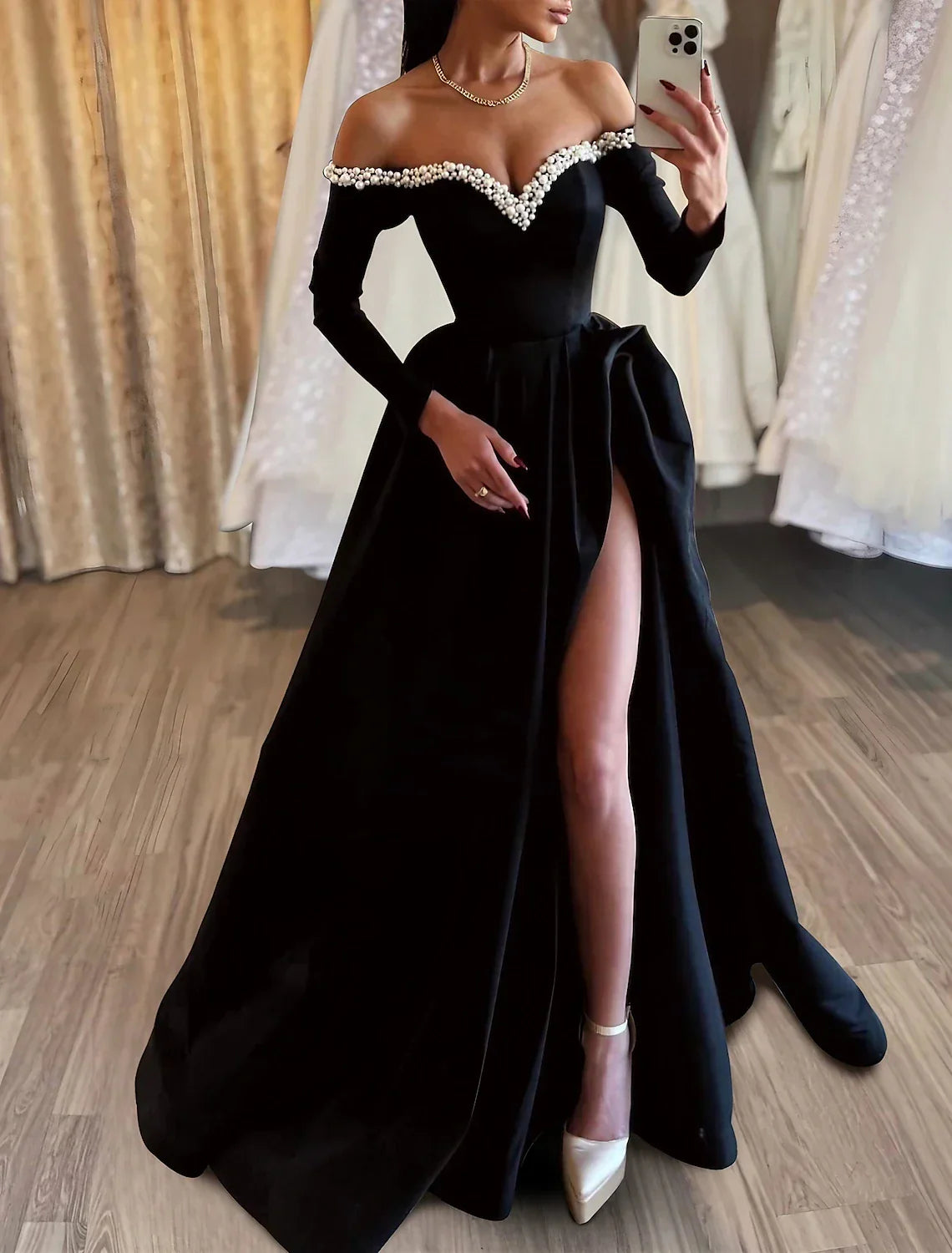 Black Evening Gown Dress Dress Formal Masquerade Sweep / Brush Train Long Sleeve Off Shoulder with Pearls Slit