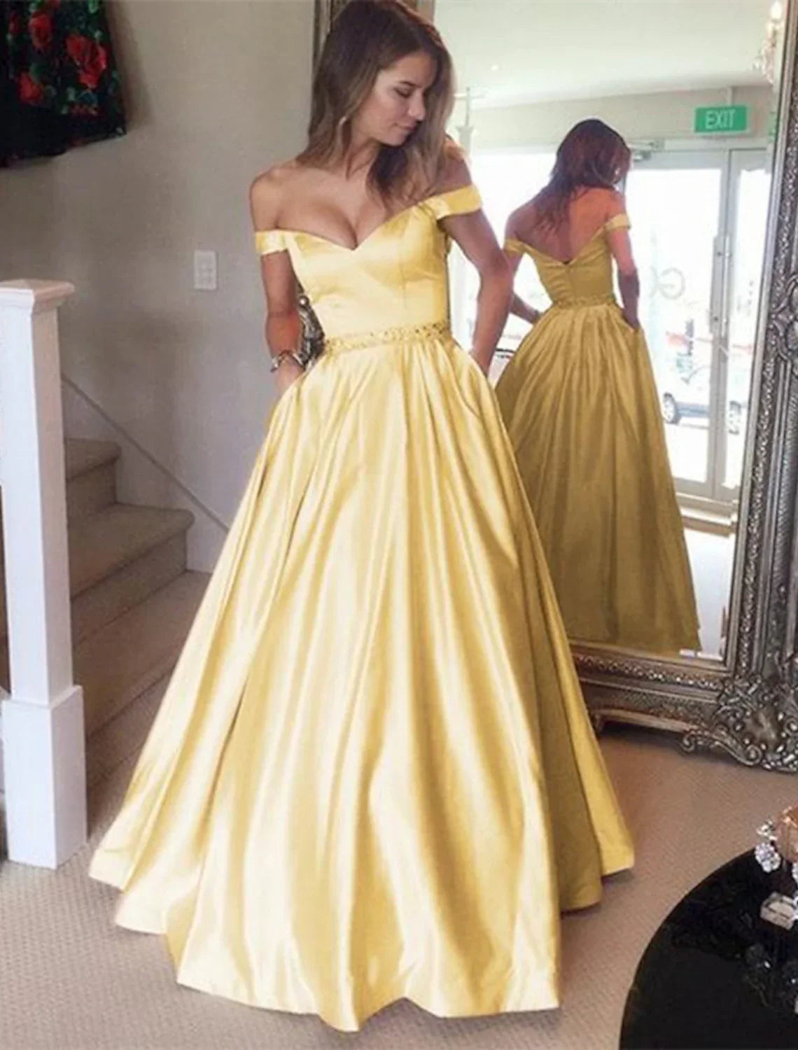 Ball Gown Elegant Prom Formal Evening Dress Off Shoulder Backless Short Sleeve Floor Length with Pleats Beading