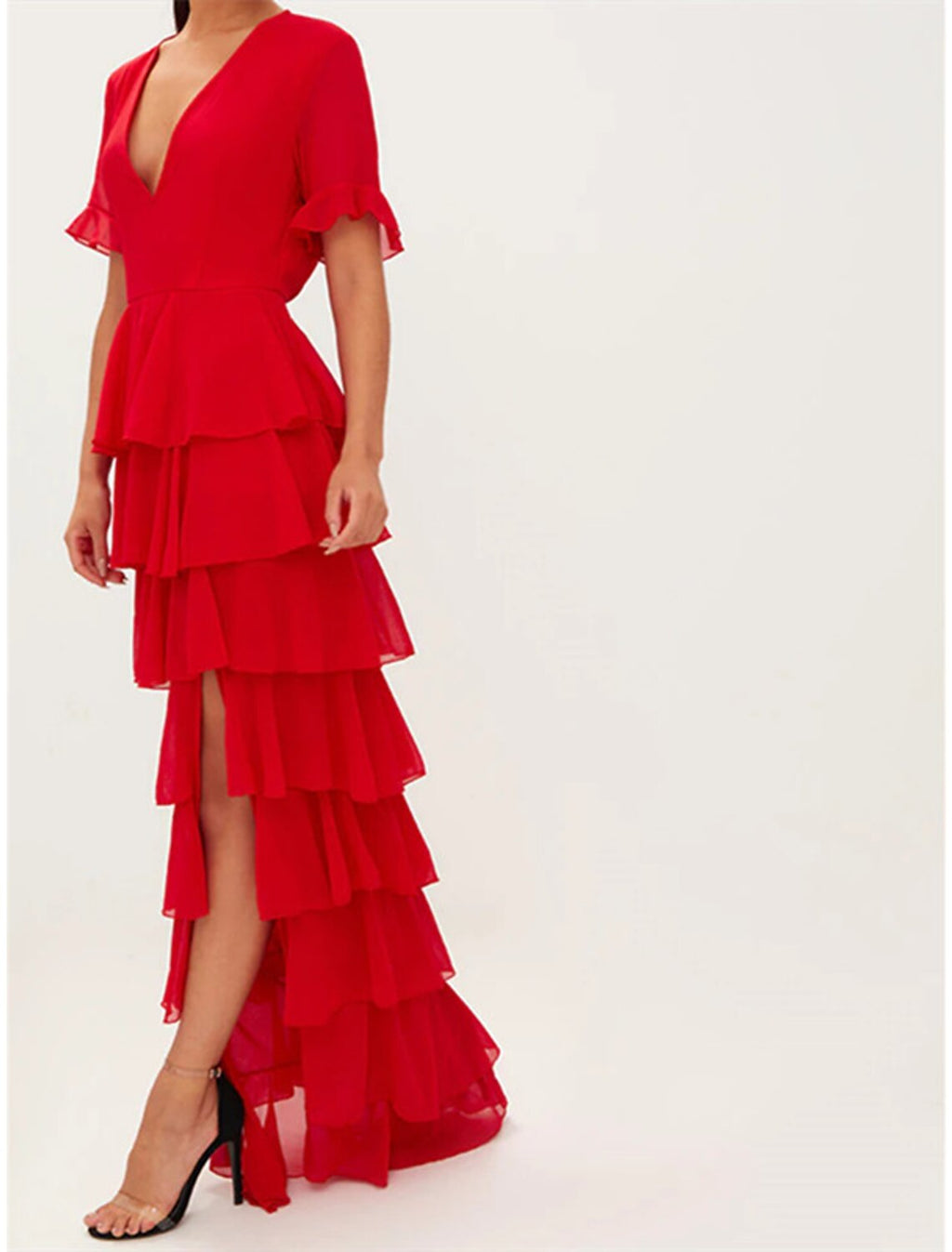 Green Evening Dress Red Dress Elegant Wedding Guest Formal V Neck Short Sleeve Floor Length with Ruffles Tier