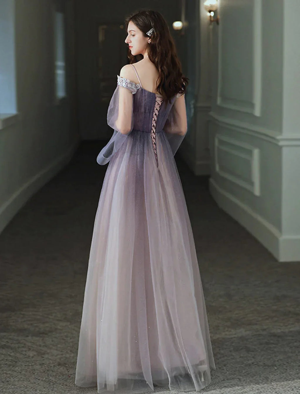 Minimalist Elegant Party Wear Prom Dress Off Shoulder Long Sleeve Floor Length with Appliques