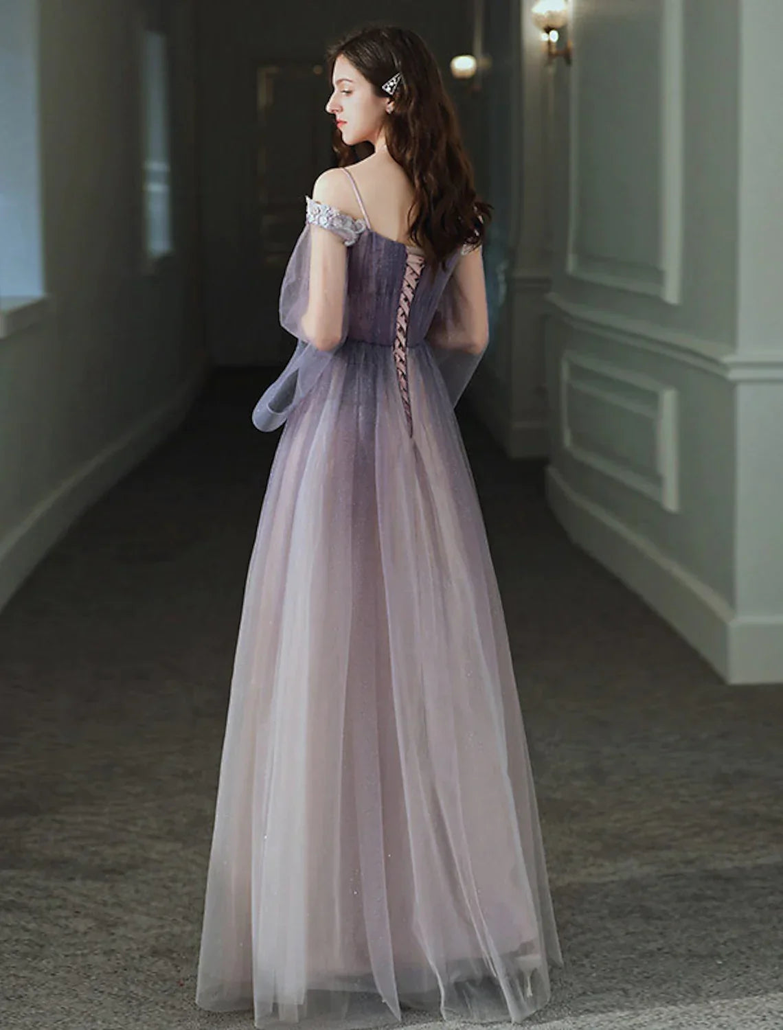 Minimalist Elegant Party Wear Prom Dress Off Shoulder Long Sleeve Floor Length with Appliques