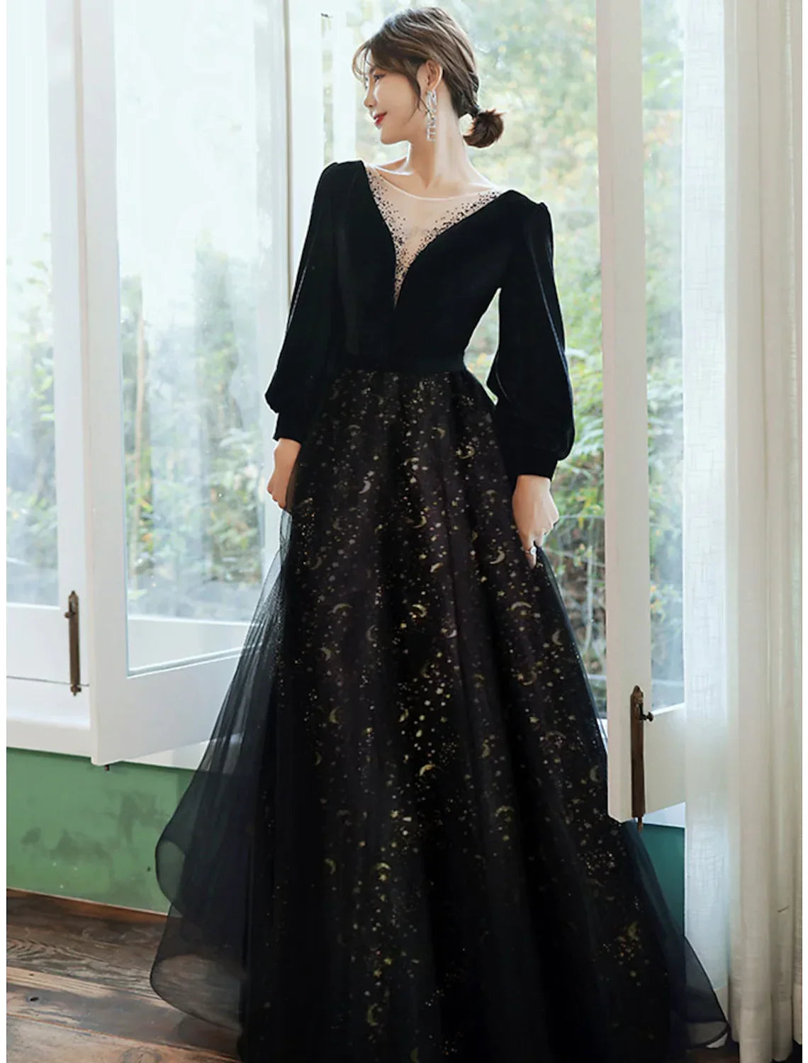 Evening Gown Dress Wedding Floor Length Long Sleeve V Neck with Crystals