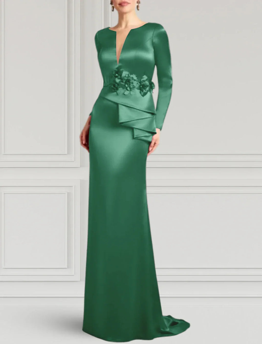 Sheath / Column Evening Gown Elegant Dress Formal Wedding Guest Sweep / Brush Train Long Sleeve V Neck with Appliques