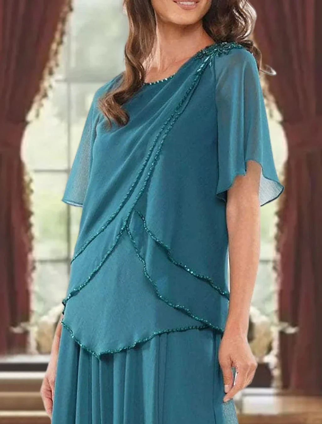 Mother of the Bride Dress Formal Wedding Guest Elegant Jewel Neck Floor Length Short Sleeve with Pleats Beading