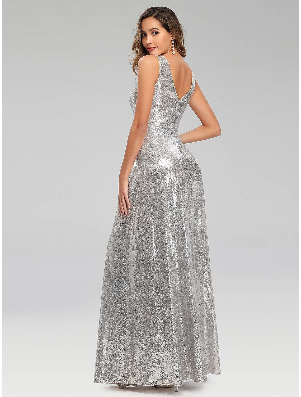 Sparkle Dress Wedding Guest Floor Length Sleeveless V Neck V Back