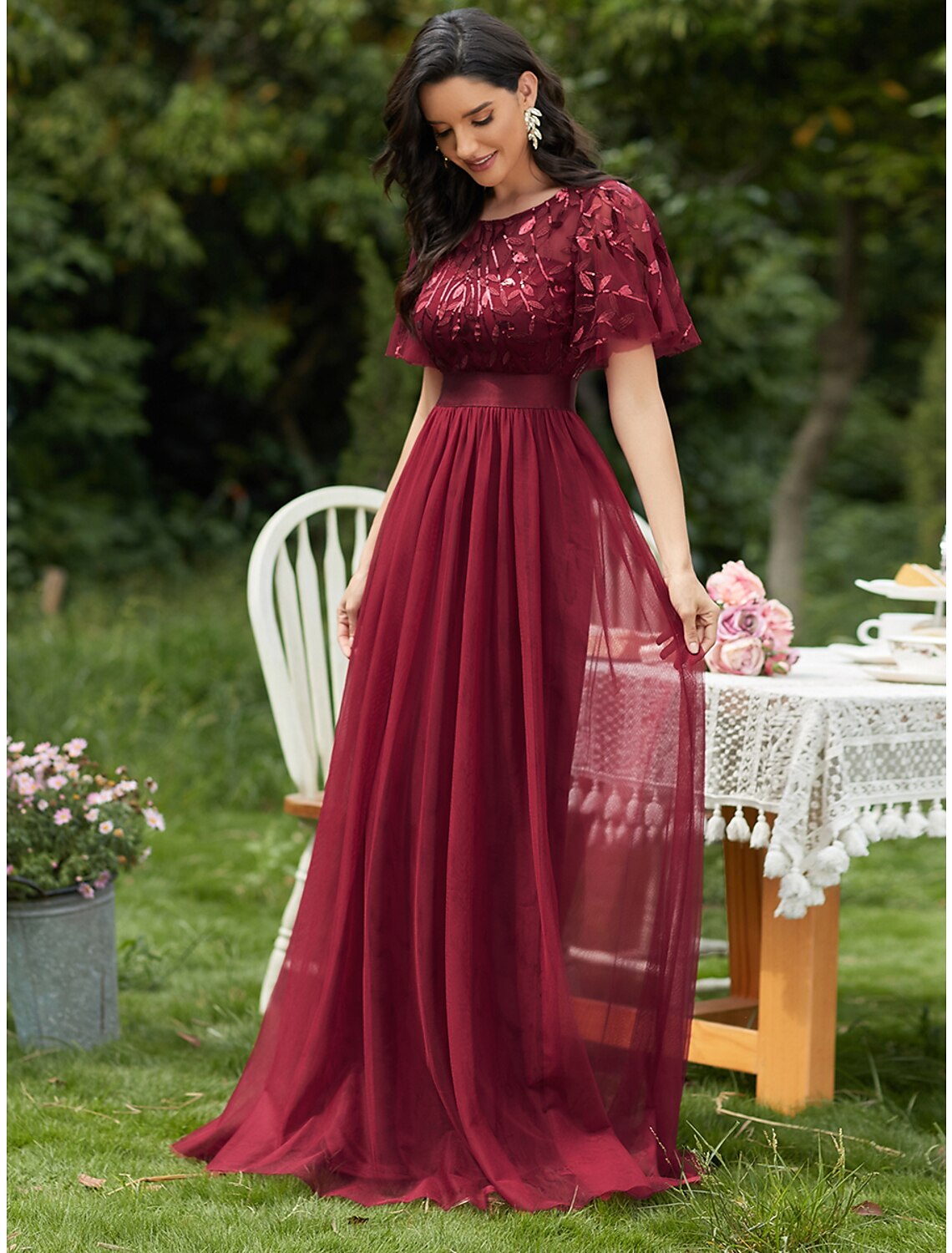 Vintage Dress Prom Floor Length Short Sleeve Jewel Neck with Ruffles Appliques