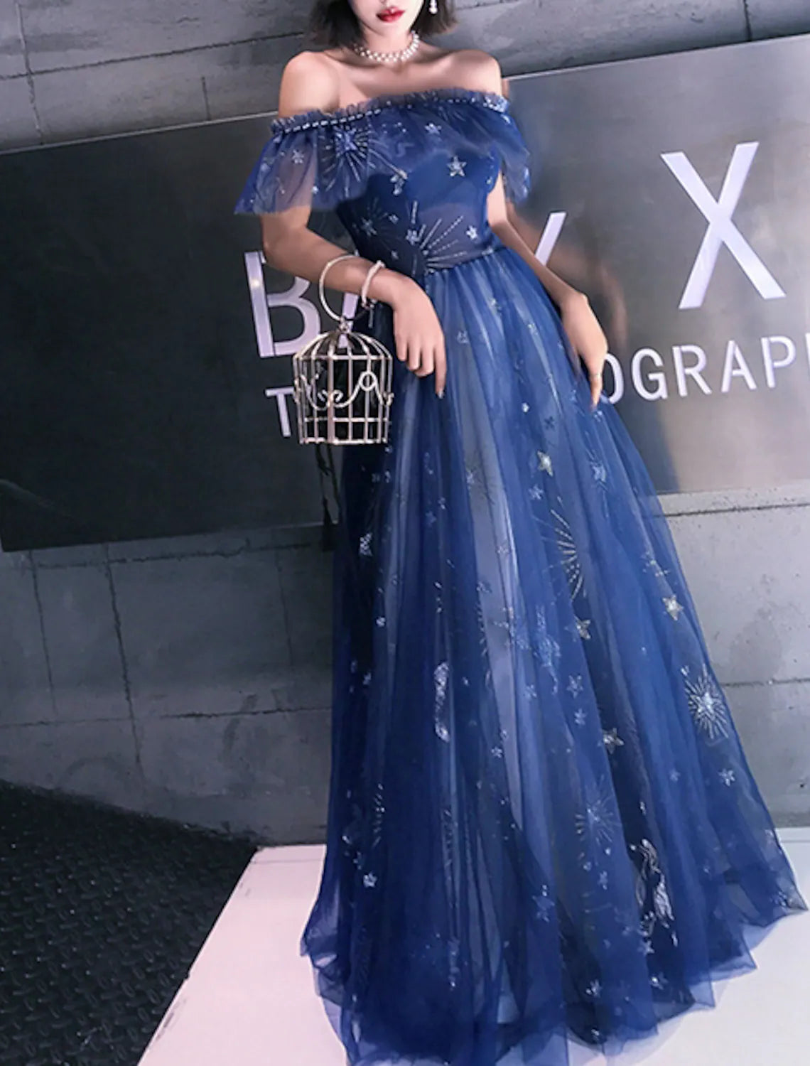 Fairy Prom Dress Sparkle Party Dress Off Shoulder Short Sleeve Floor Length with Sequins Embroidery