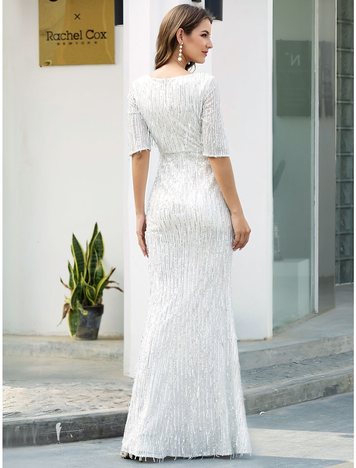 Evening Gown Glittering Dress Engagement Floor Length Half Sleeve V Neck with Tassel