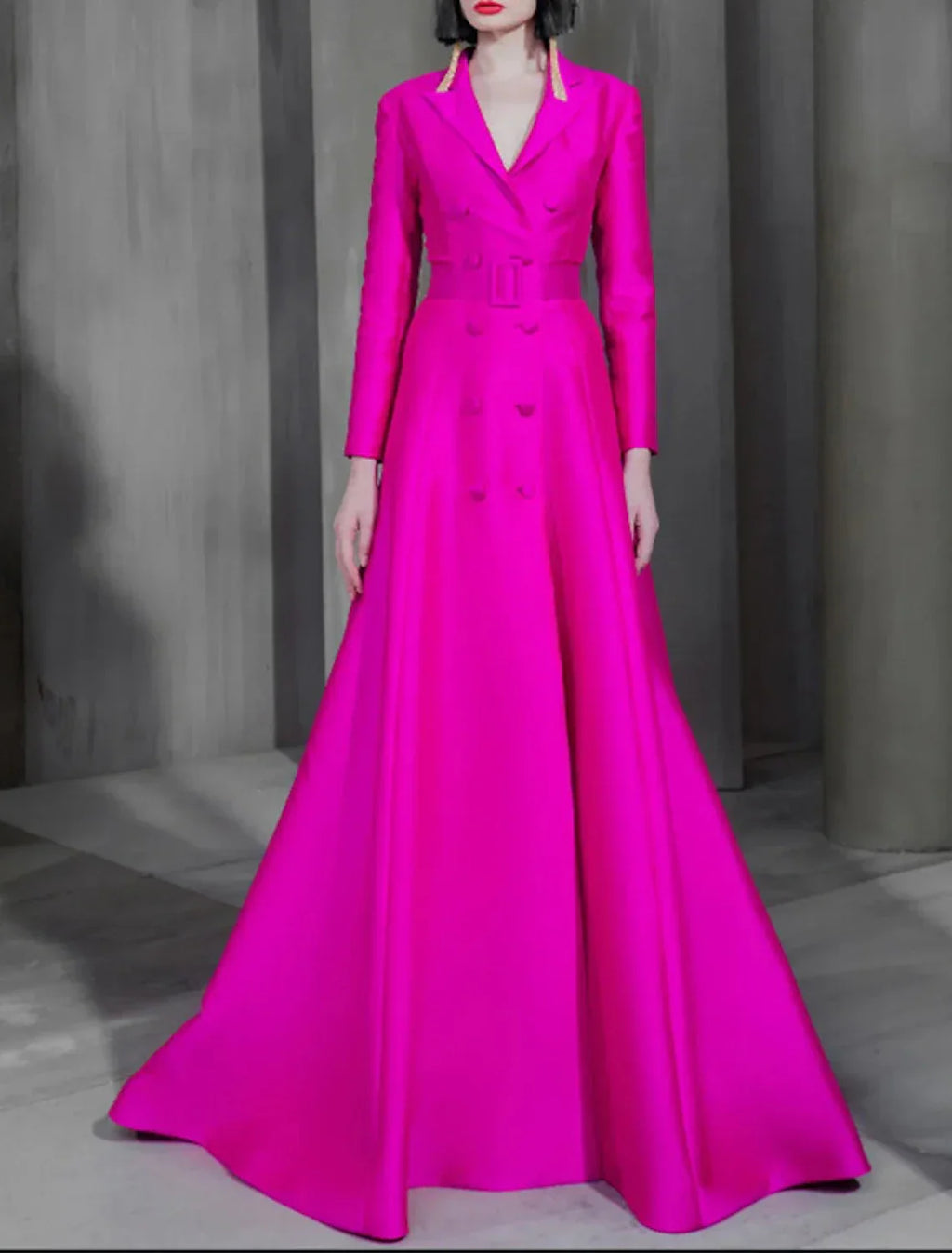 Celebrity Style Elegant Wedding Guest Formal Evening Dress Shirt Collar Long Sleeve Court Train with Sash / Ribbon Buttons