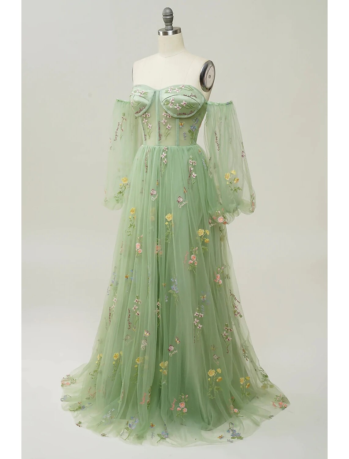 Evening Gown Floral Dress Formal Floor Length Long Sleeve Sweetheart Backless with Pleats Appliques