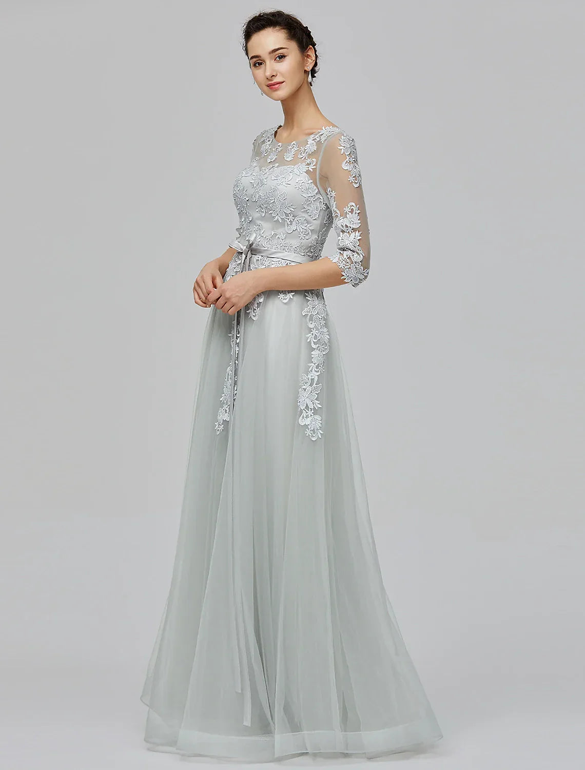 Empire Dress Wedding Guest Prom Floor Length Half Sleeve Illusion Neck with Bow(s) Appliques