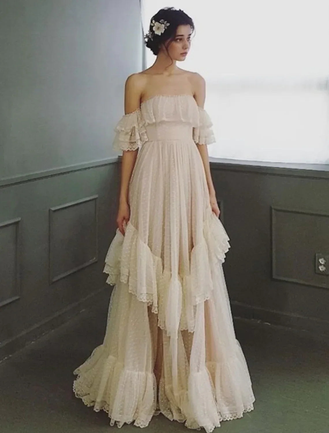 Wedding Dresses A-Line Short Sleeve Off Shoulder With Ruffles