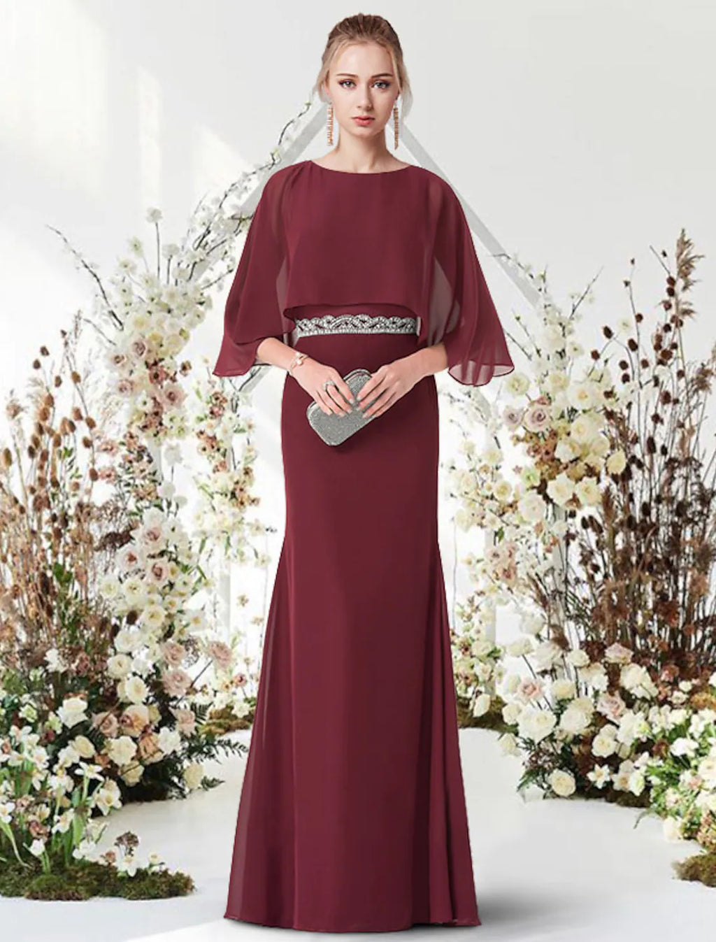 Engagement Formal Evening Dress Jewel Neck Half Sleeve Floor Length with Sash Ribbon
