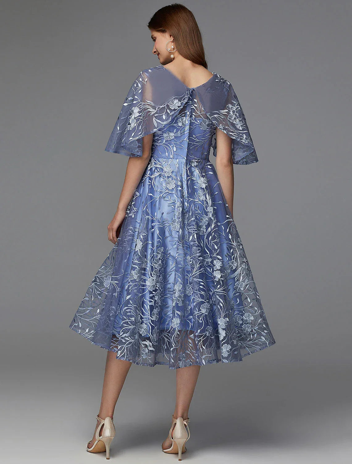 Floral Dress Wedding Guest Cocktail Party Tea Length Sleeveless V Neck V Back with Pattern / Print Appliques