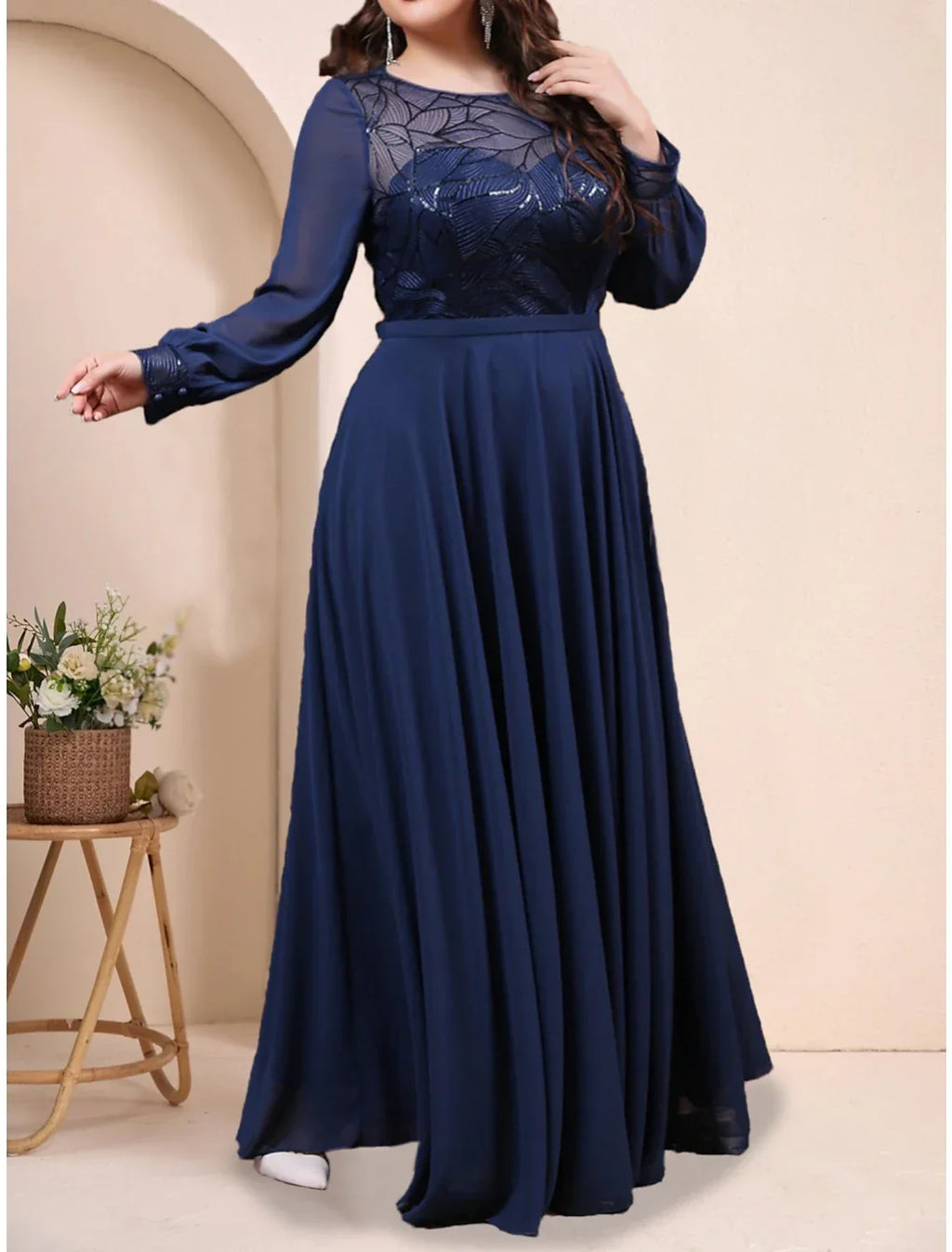 Plus Size Curve Mother of the Bride Dress Wedding Guest Plus Size Sparkle & Shine Jewel Neck Floor Length Long Sleeve with Pleats