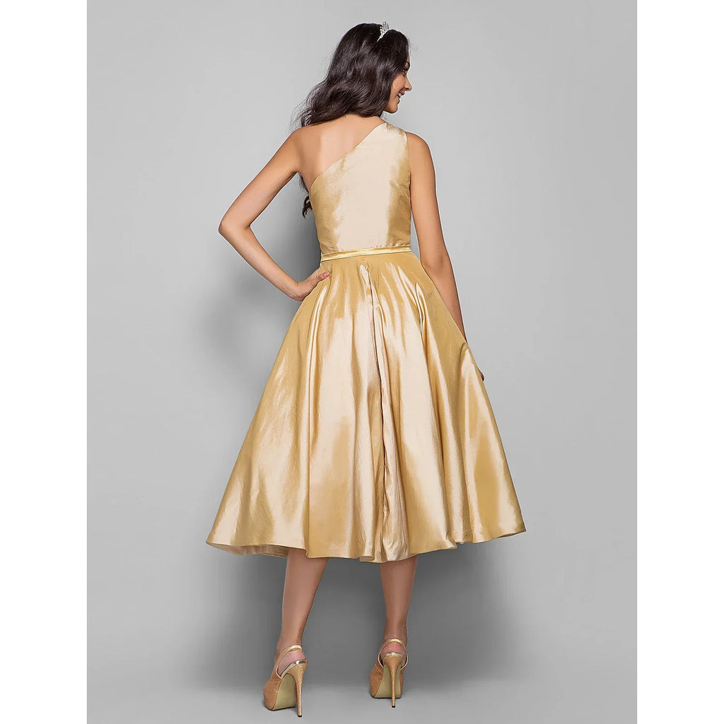 Minimalist Elegant Cocktail Party Wedding Party Dress One Shoulder Sleeveless Tea Length Taffeta with Sash / Ribbon