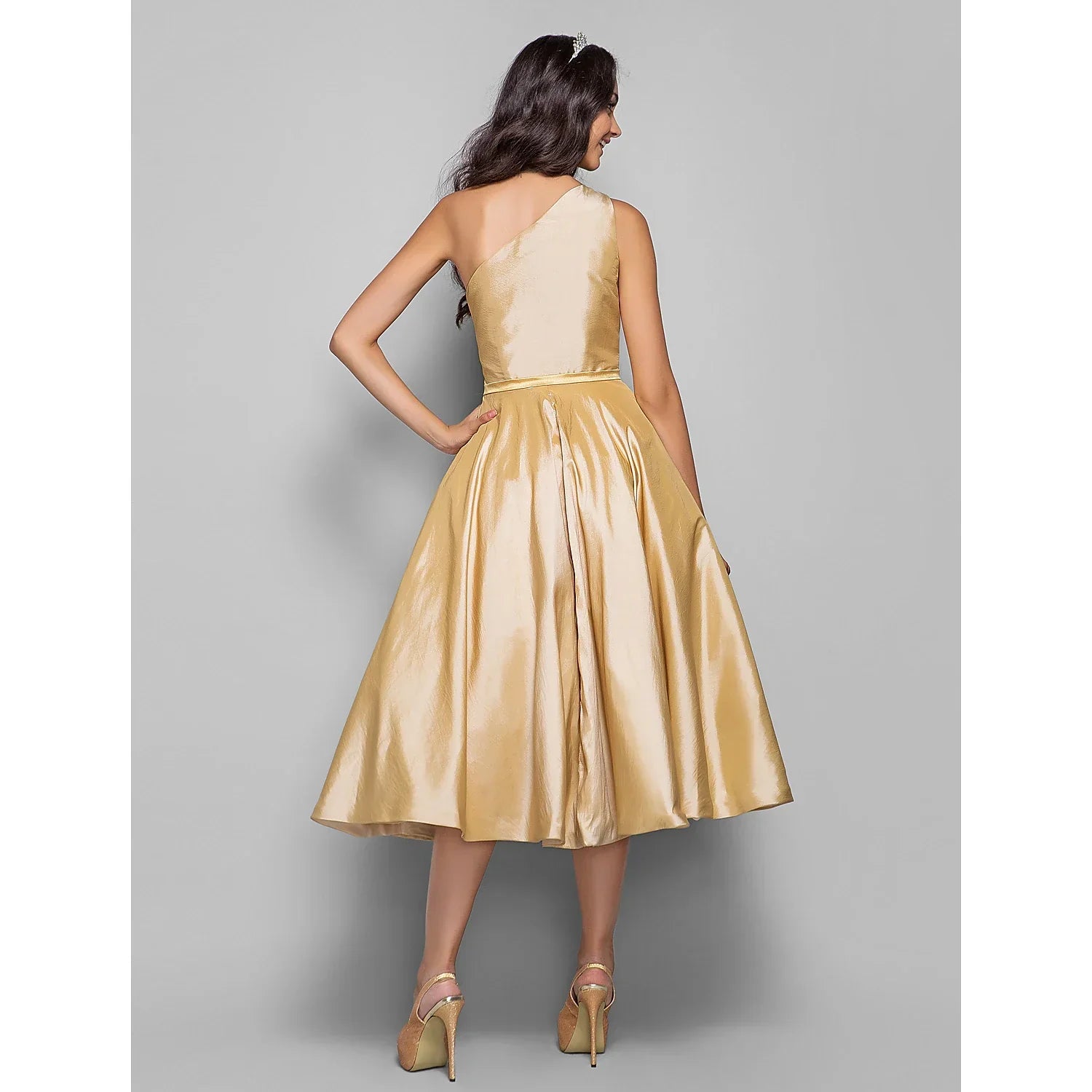 Minimalist Elegant Cocktail Party Wedding Party Dress One Shoulder Sleeveless Tea Length Taffeta with Sash / Ribbon