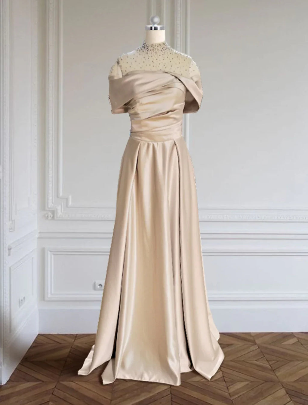 Green Evening Gown Elegant Dress Formal Christmas Red Dress Floor Length Short Sleeve Illusion Neck with Ruched Beading