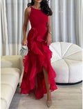 Green Evening Gown Elegant Dress Formal Ankle Length Christmas Red Dress Sleeveless Scoop Neck with Ruffles Slit