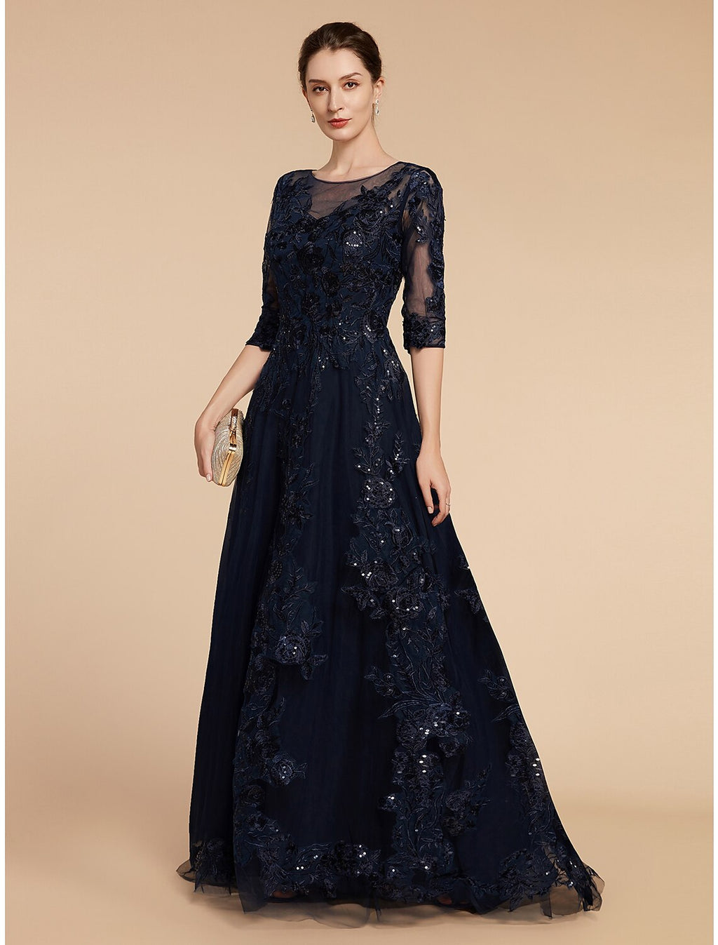 Mother of the Bride Dress Formal Wedding Guest Elegant Party Scoop Neck Floor Length 3/4 Length Sleeve with Appliques