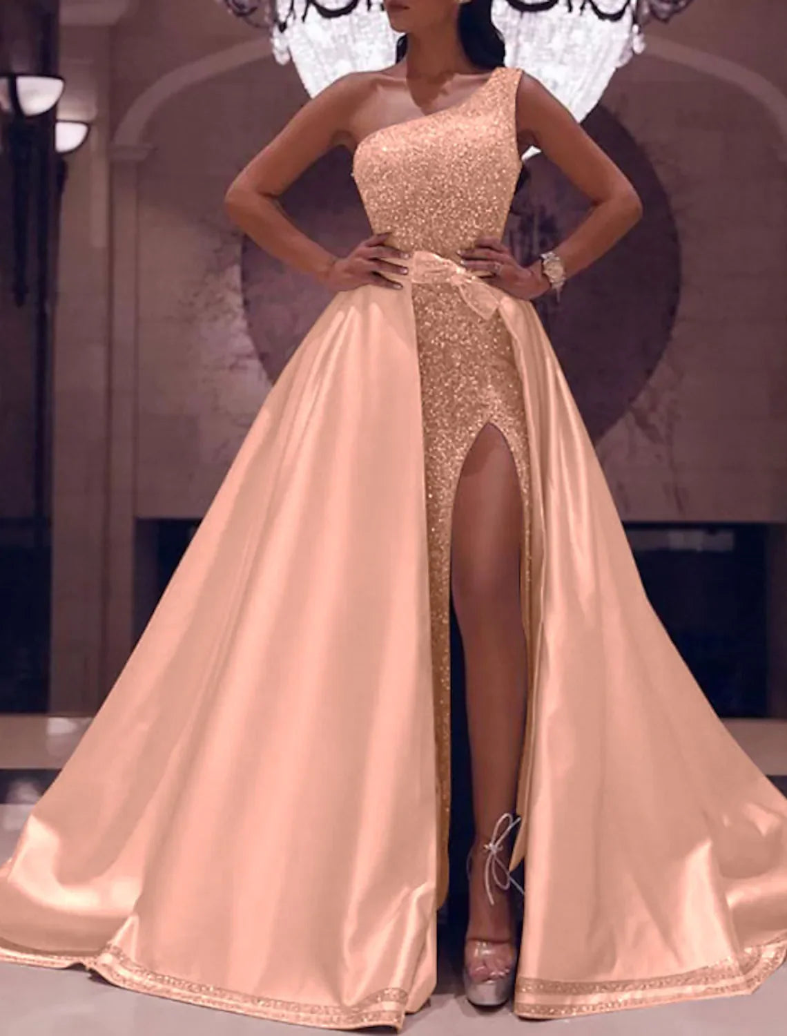 Sparkly Sexy Dress Evening Party Floor Length Sleeveless One Shoulder Detachable with Bow(s) Slit