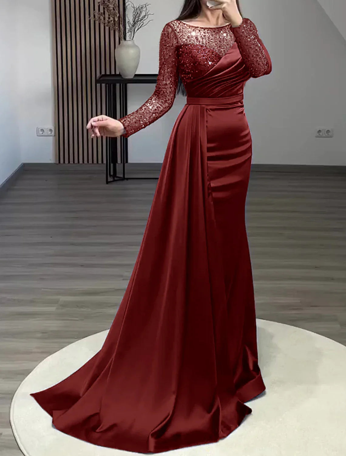 Green Mermaid Dress Evening Gown Christmas Red Dress Formal Wedding Guest Court Train Long Sleeve Jewel Neck Charmeuse with Ruched Pearls
