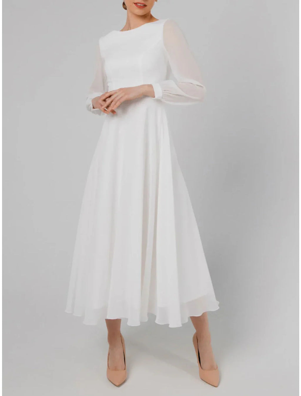White Cocktail Dresses Little Dresses Dress Wedding Reception Tea Length Long Sleeve Jewel Neck Fall Wedding Guest V Back with Ruffles Pure Color