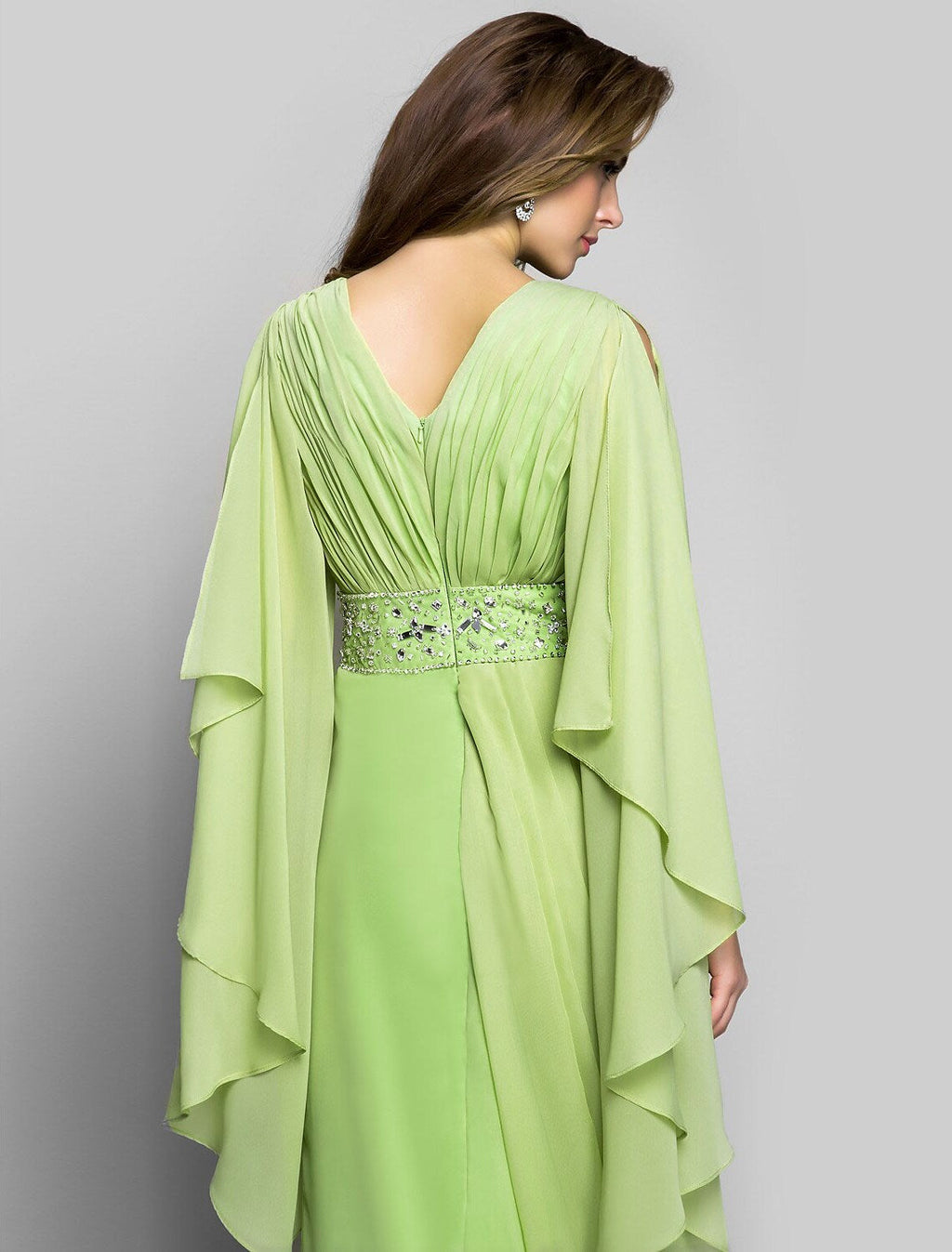 Wedding Guest Floor Length Long Sleeve V Neck V Back Crystals Side Draping