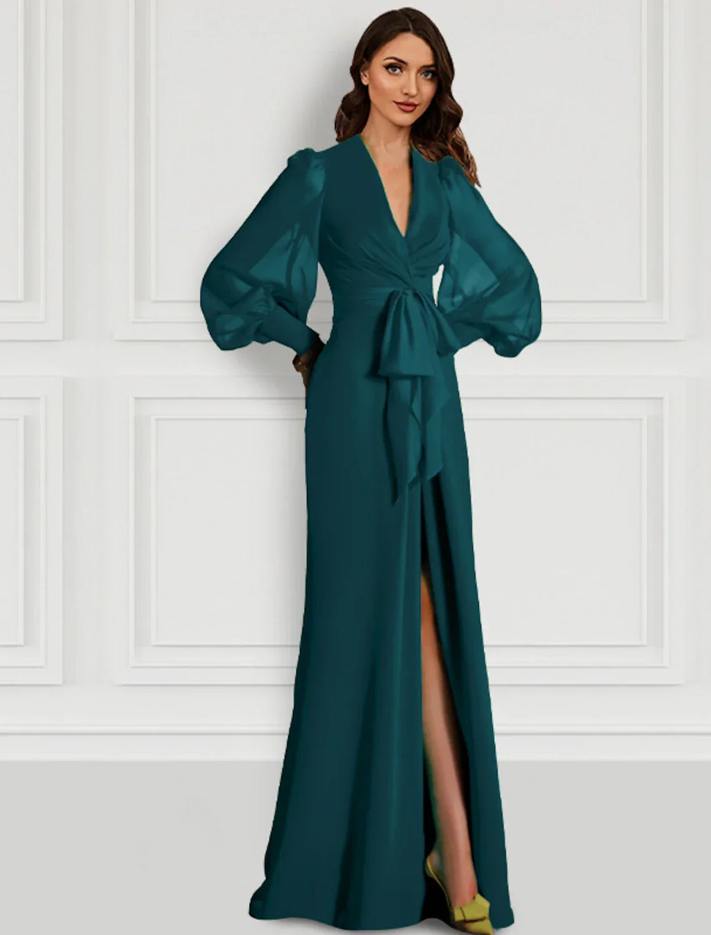 Green Mermaid Christmas Red Dress Evening Gown Elegant Dress Formal Wedding Guest Sweep / Brush Train Long Sleeve V Neck Fall Wedding Guest with Slit Strappy