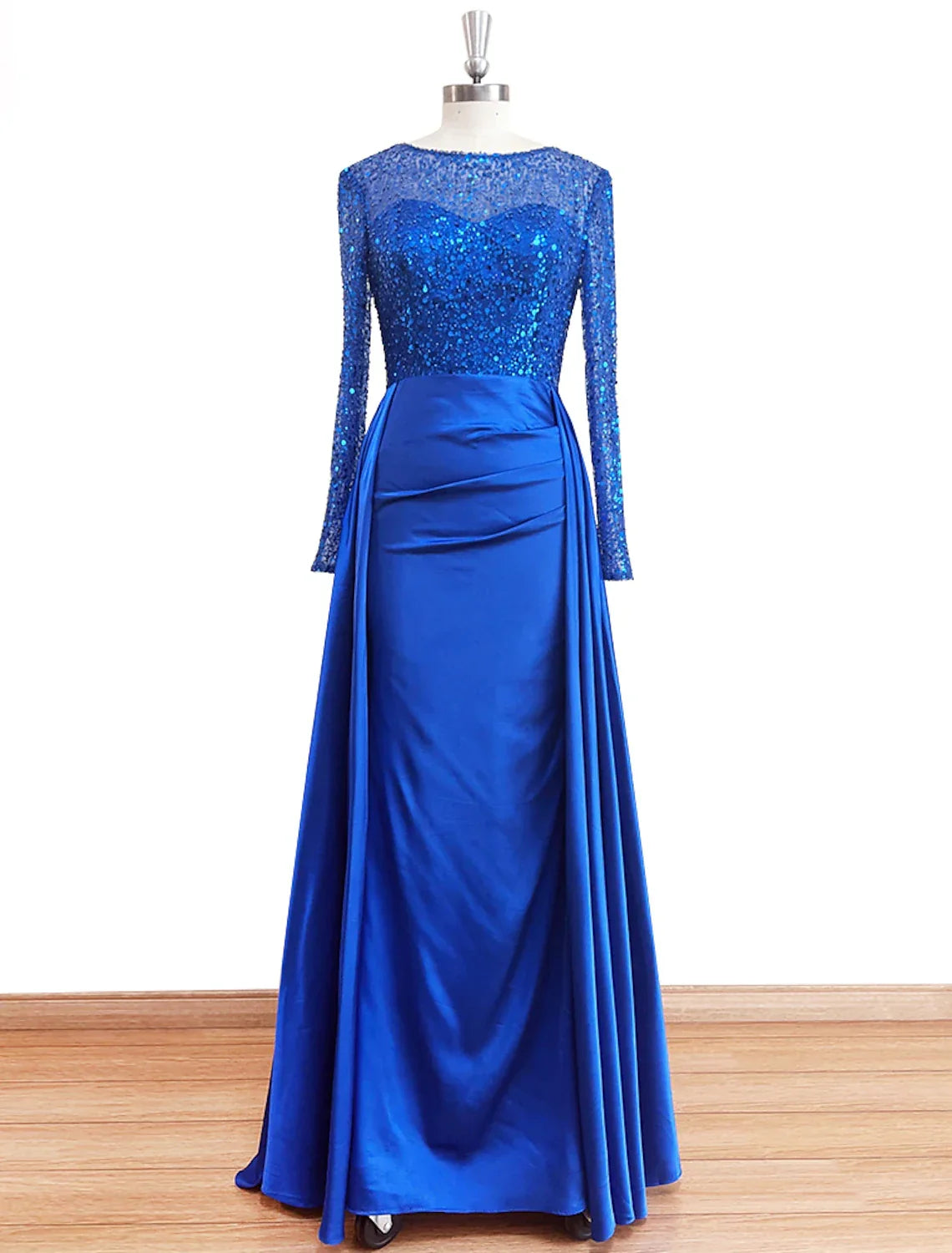 Mermaid Evening Gown Ruched Dress Long Sleeves Floor Length Sparkle Illusion Neck Fall Wedding Guest Dress with Pearls Overskirt