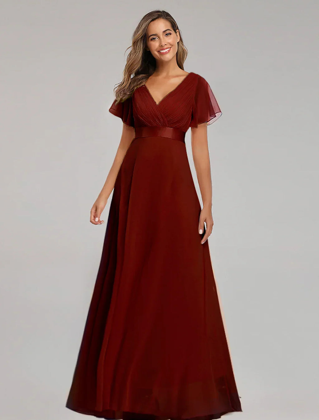 Graduation Floor Length Short Sleeve V Neck V Back with Ruched Ruffles
