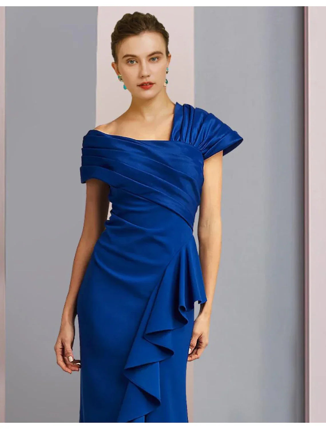 Mermaid / Trumpet Mother of the Bride Dress Formal Wedding Guest Elegant One Shoulder Sweep / Brush Train Sleeveless with Ruched Ruffles