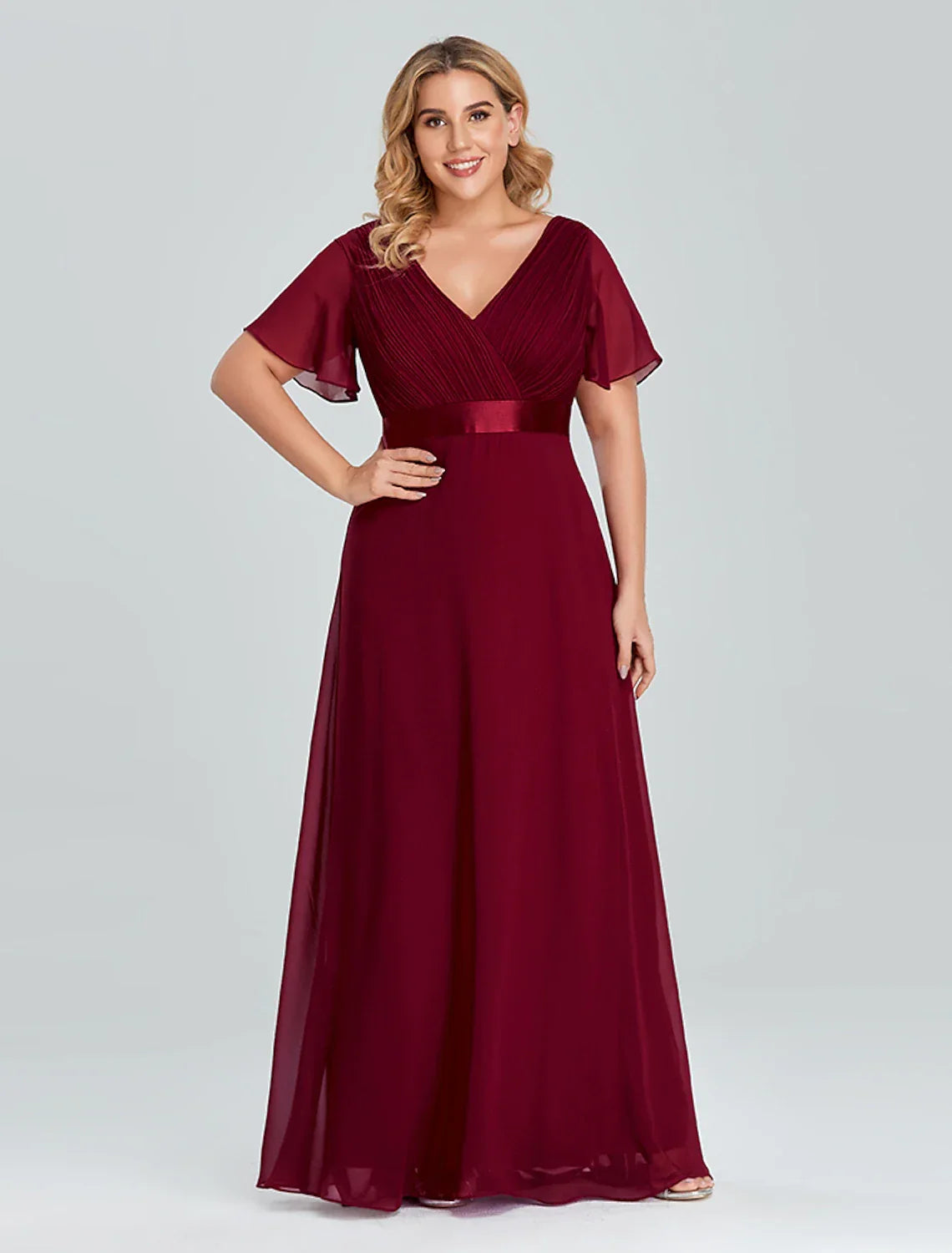 Empire Dress Wedding Guest Floor Length Short Sleeve V Neck with Pleats