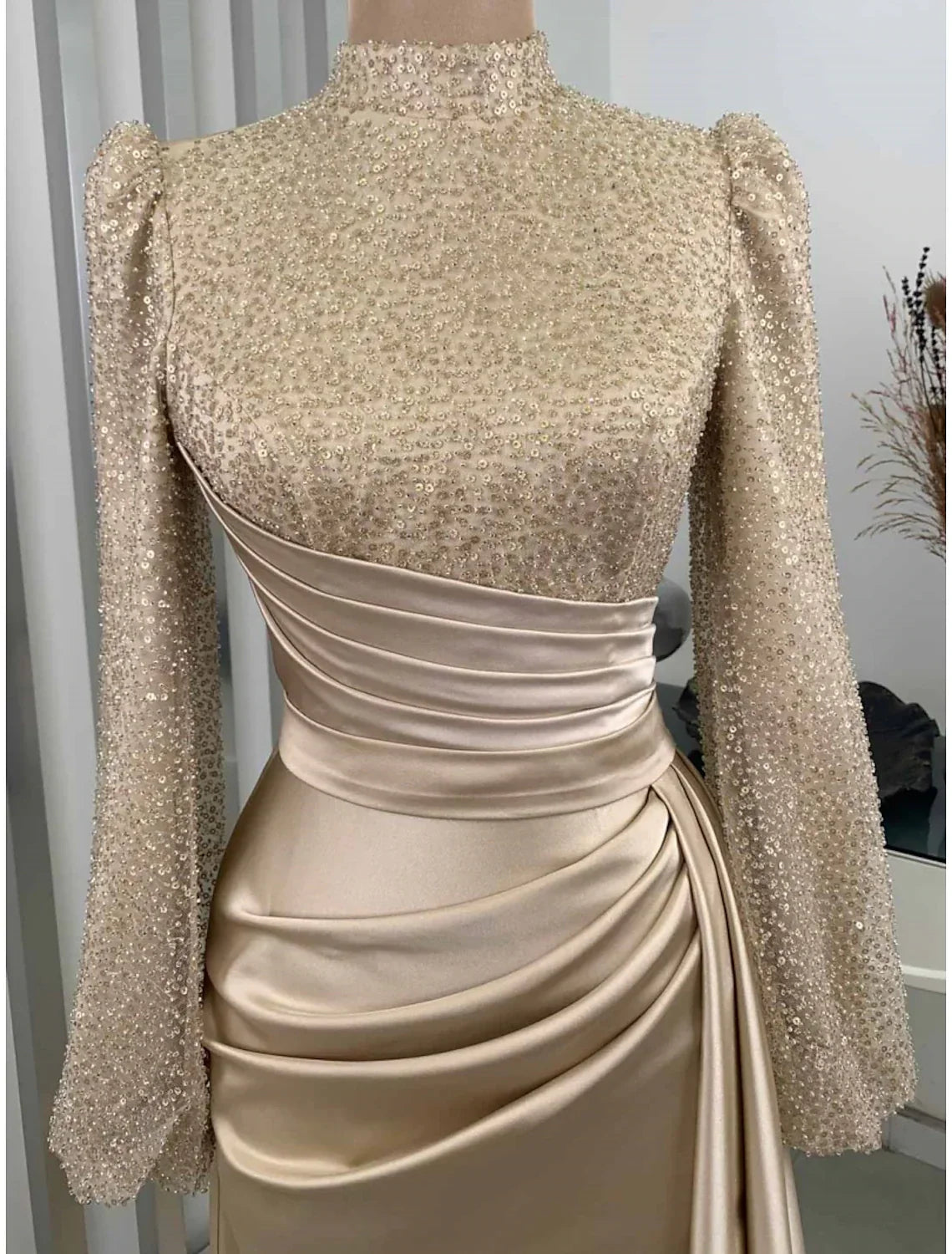 Evening Gown Champagne Christmas Elegant Dress Formal Sweep / Brush Train Long Sleeve High Neck with Glitter Pleats Ruched