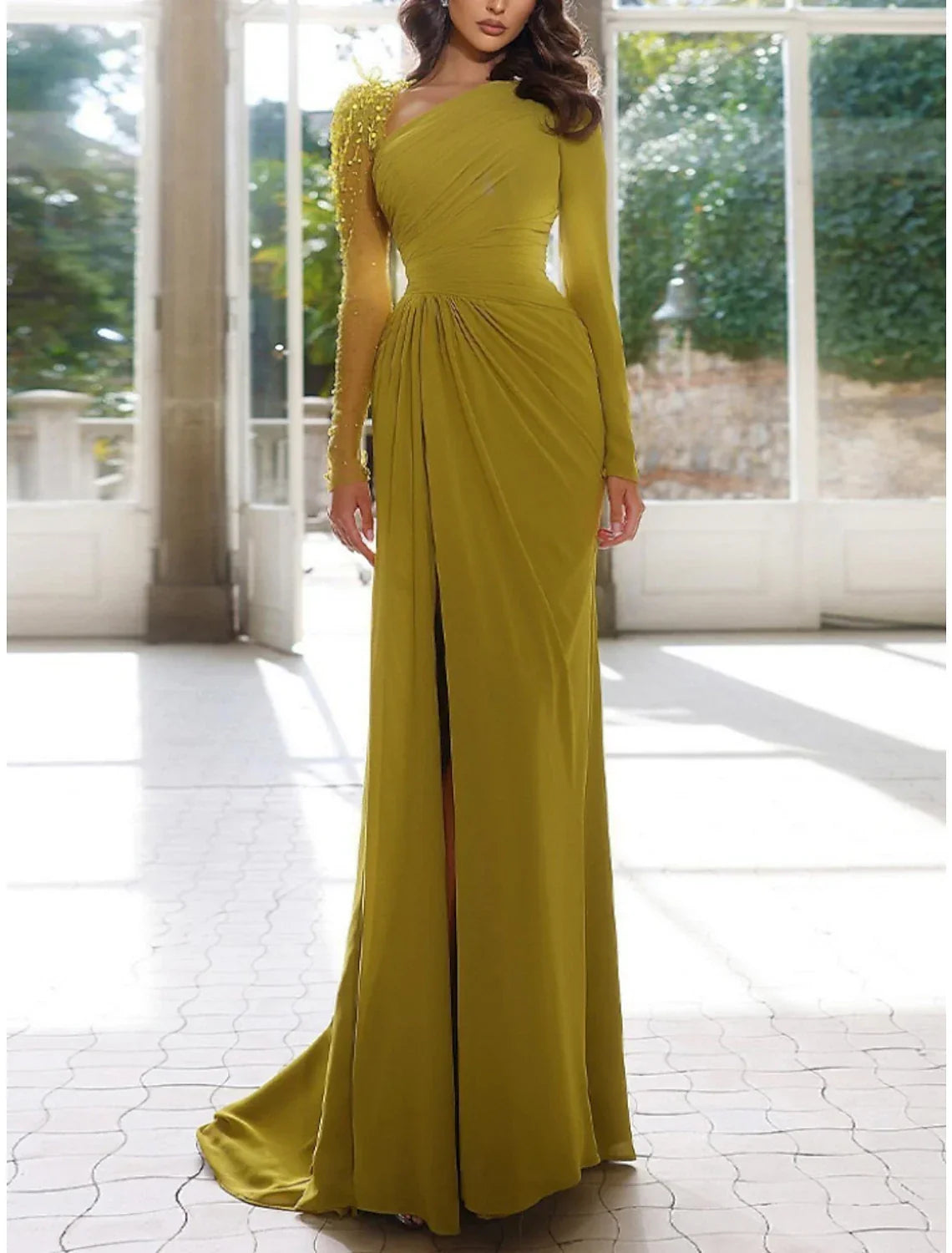 Green Sheath / Column Evening Gown Elegant Dress Formal Christmas Red Dress Sweep / Brush Train Long Sleeve Scoop Neck with Pleats Ruched