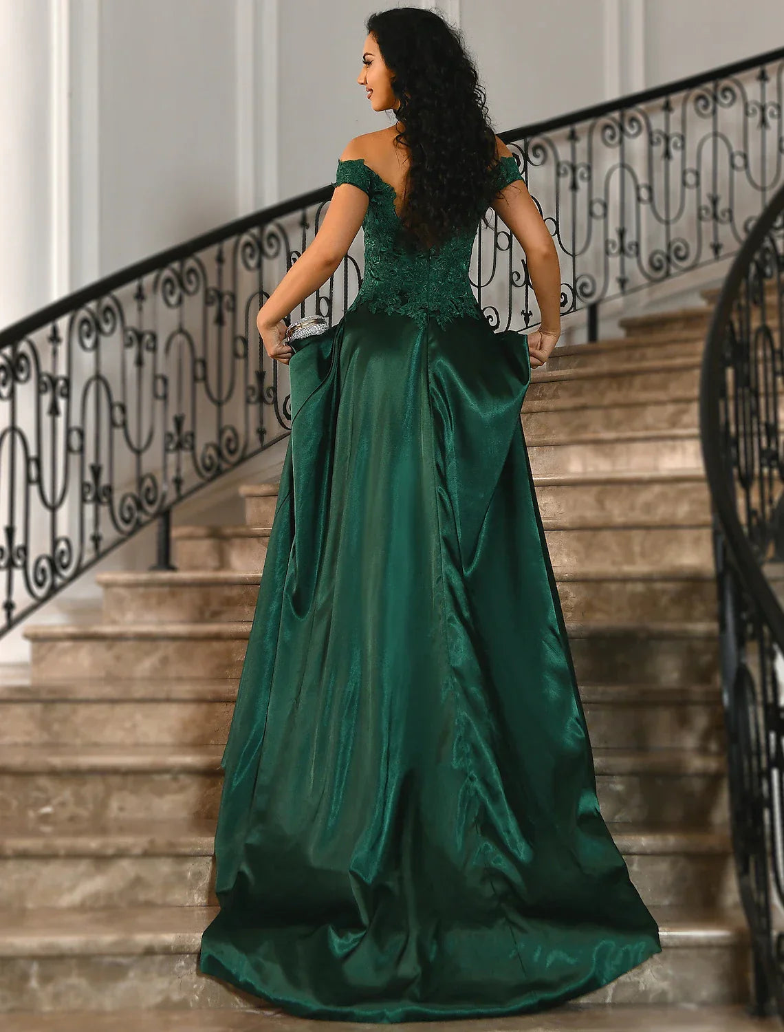 High Split Prom Formal Evening Dress Off Shoulder Short Sleeve with Slit Appliques