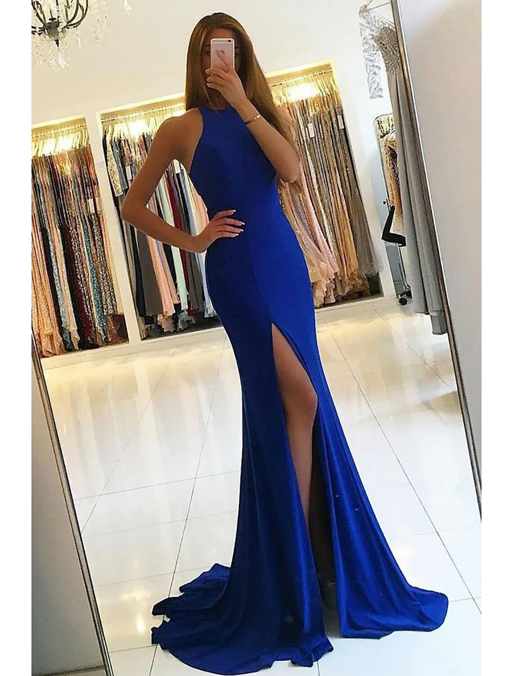 Mermaid / Trumpet Evening Gown Bodycon Dress Formal Prom Court Train Sleeveless High Neck Fabric with Slit