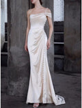 Vintage Casual Wedding Dresses Sheath / Column One Shoulder Cap Sleeve Sweep / Brush Train Bridal Gowns With Ruched Split Front