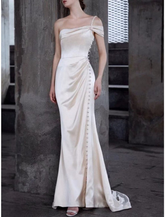 Luxurious Red Slit A-Line One-Shoulder Cap-Sleeve Classic-Back Floor-Length Wedding Dress