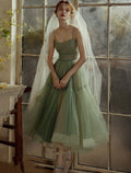 Wedding Guest Length Sleeveless Strap with Sash Ribbon Pleats