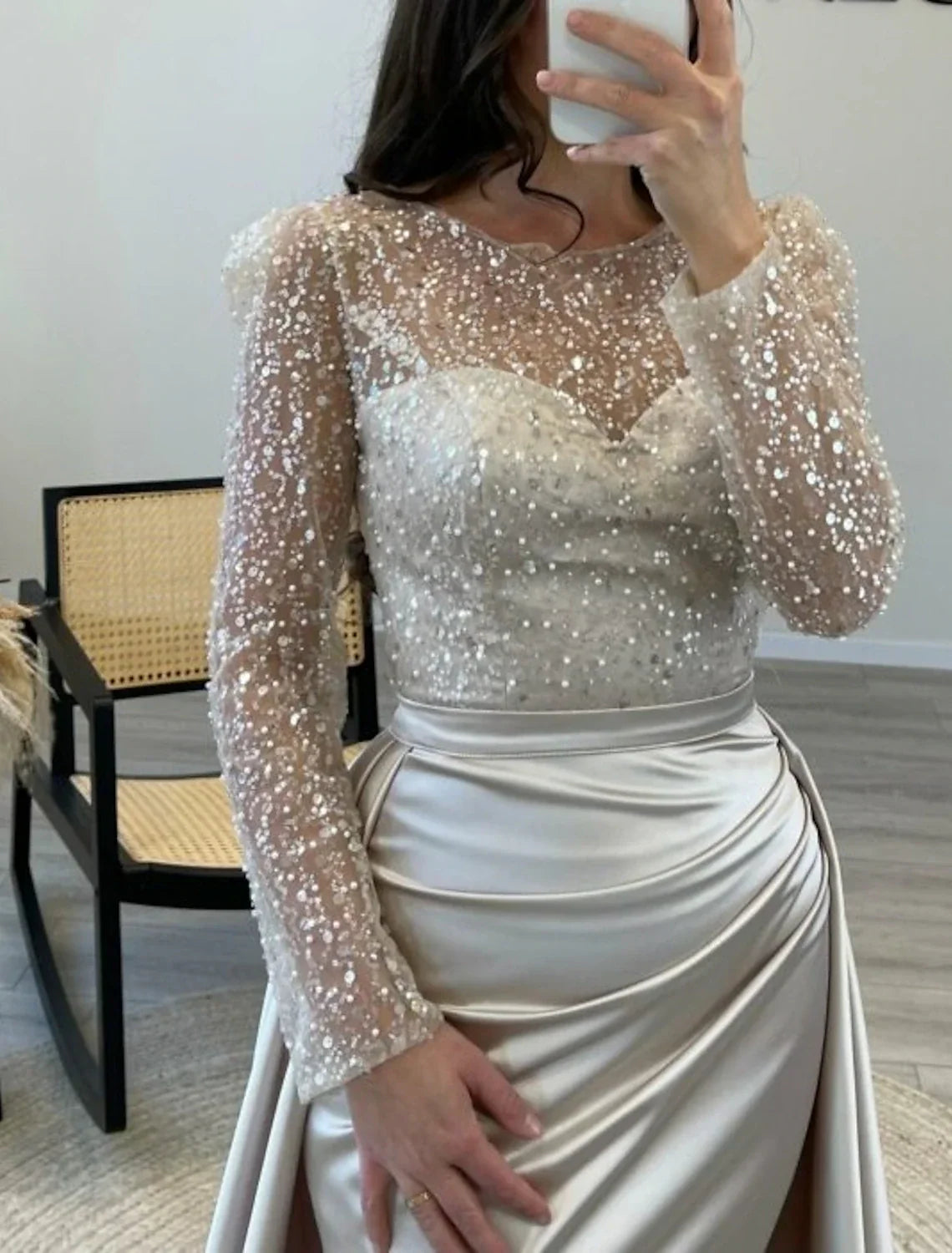 Mermaid Evening Gown Ruched Dress Long Sleeves Floor Length Sparkle Illusion Neck Fall Wedding Guest Dress with Pearls Overskirt
