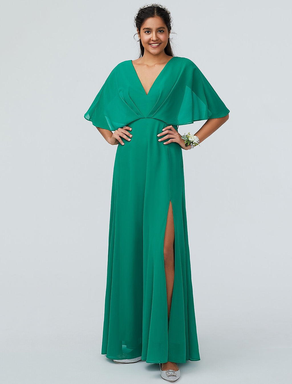 Bridesmaid Dress V Neck Short Sleeve Sparkle Shine Floor Length with Split Front