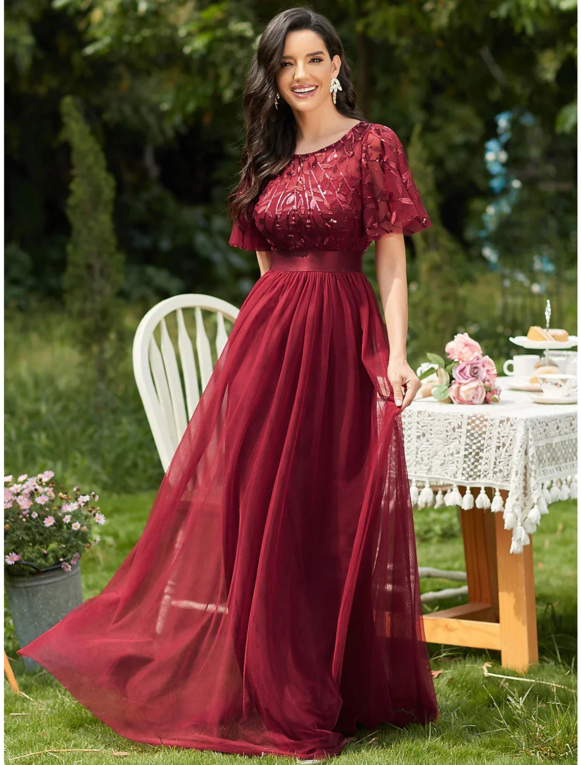 Vintage Dress Prom Floor Length Short Sleeve Jewel Neck with Ruffles Appliques