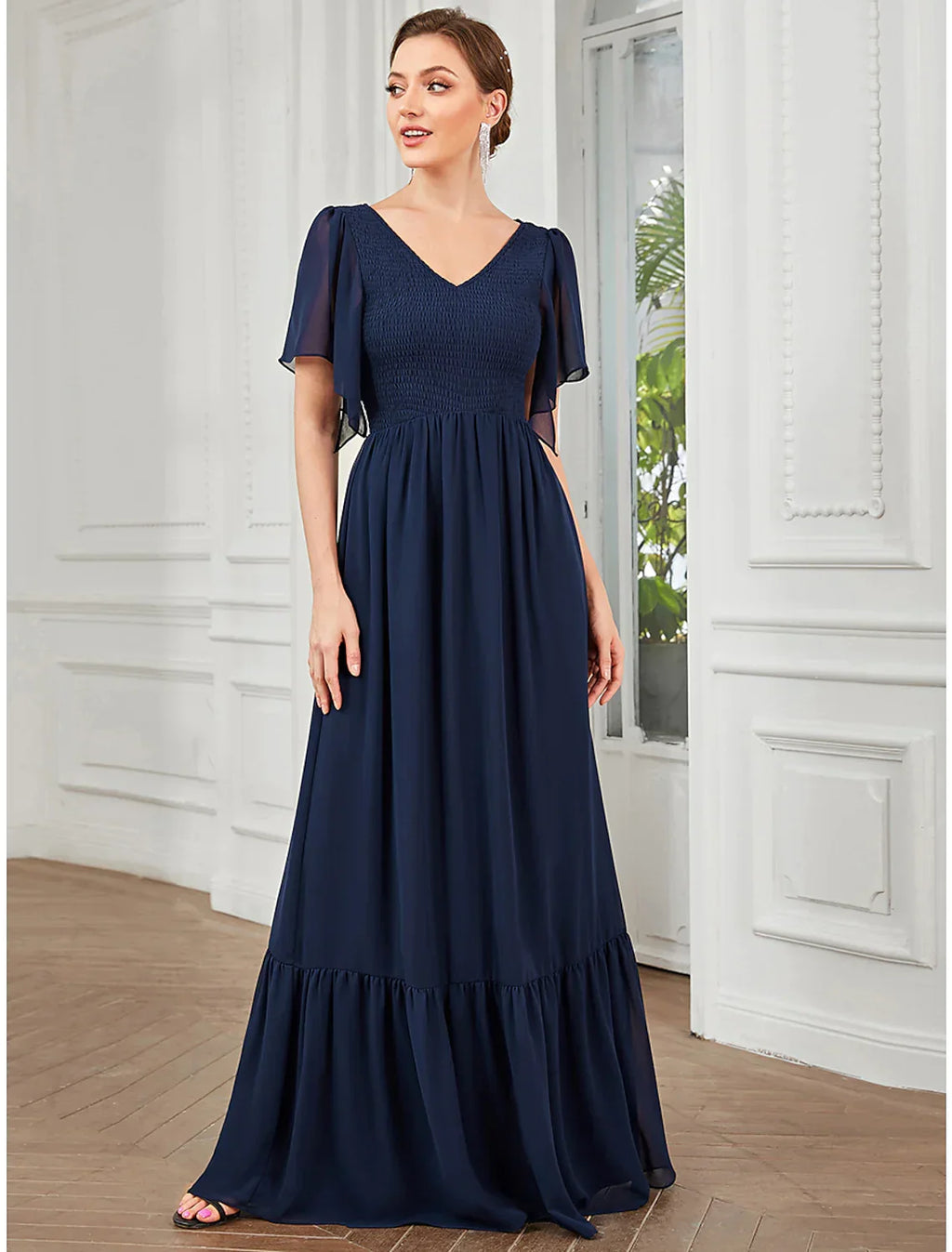 Party Wear Floor Length Short Sleeve V Neck with Pleats