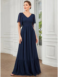Party Wear Floor Length Short Sleeve V Neck with Pleats