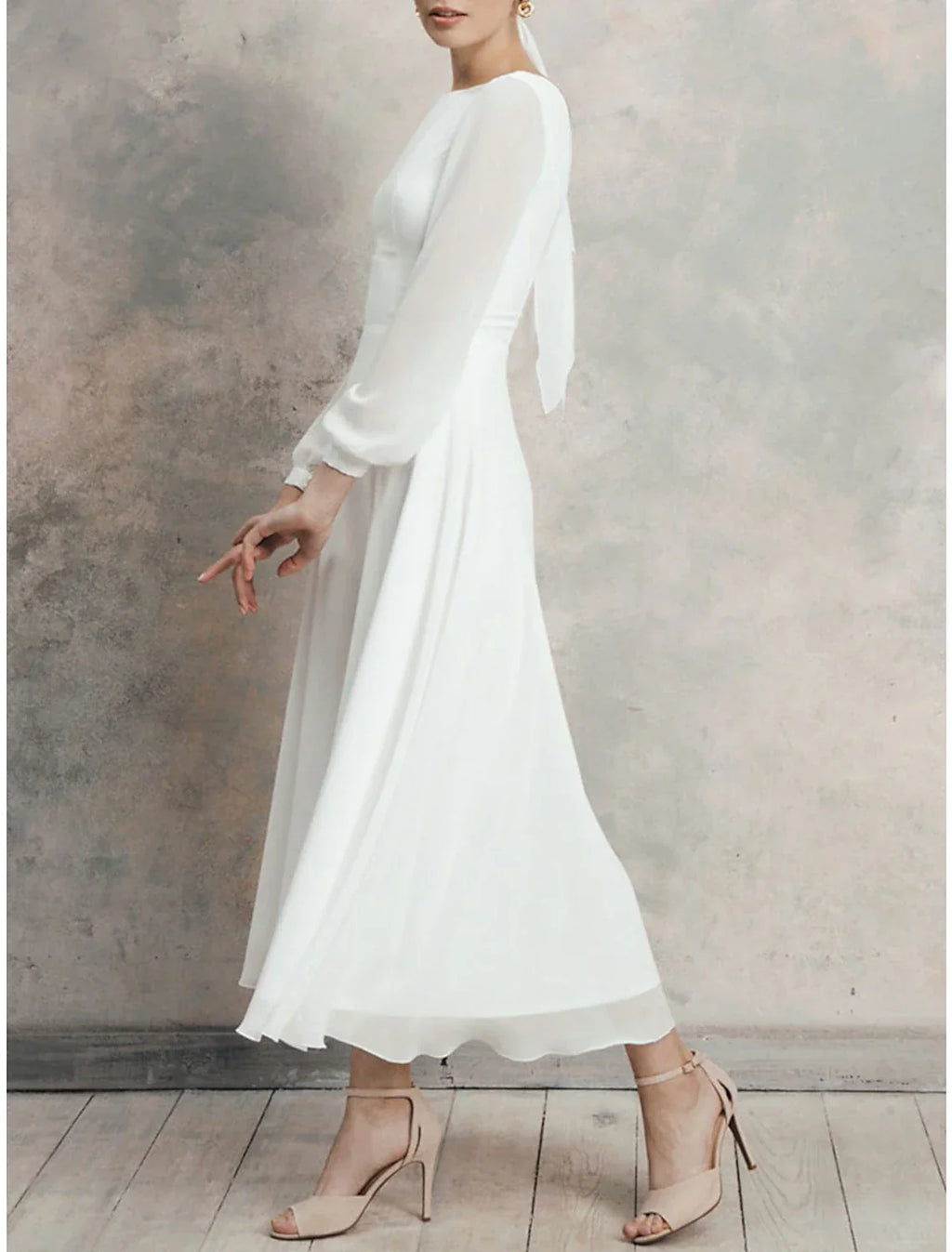 White Cocktail Dresses Little Dresses Dress Wedding Reception Tea Length Long Sleeve Jewel Neck Fall Wedding Guest V Back with Ruffles Pure Color