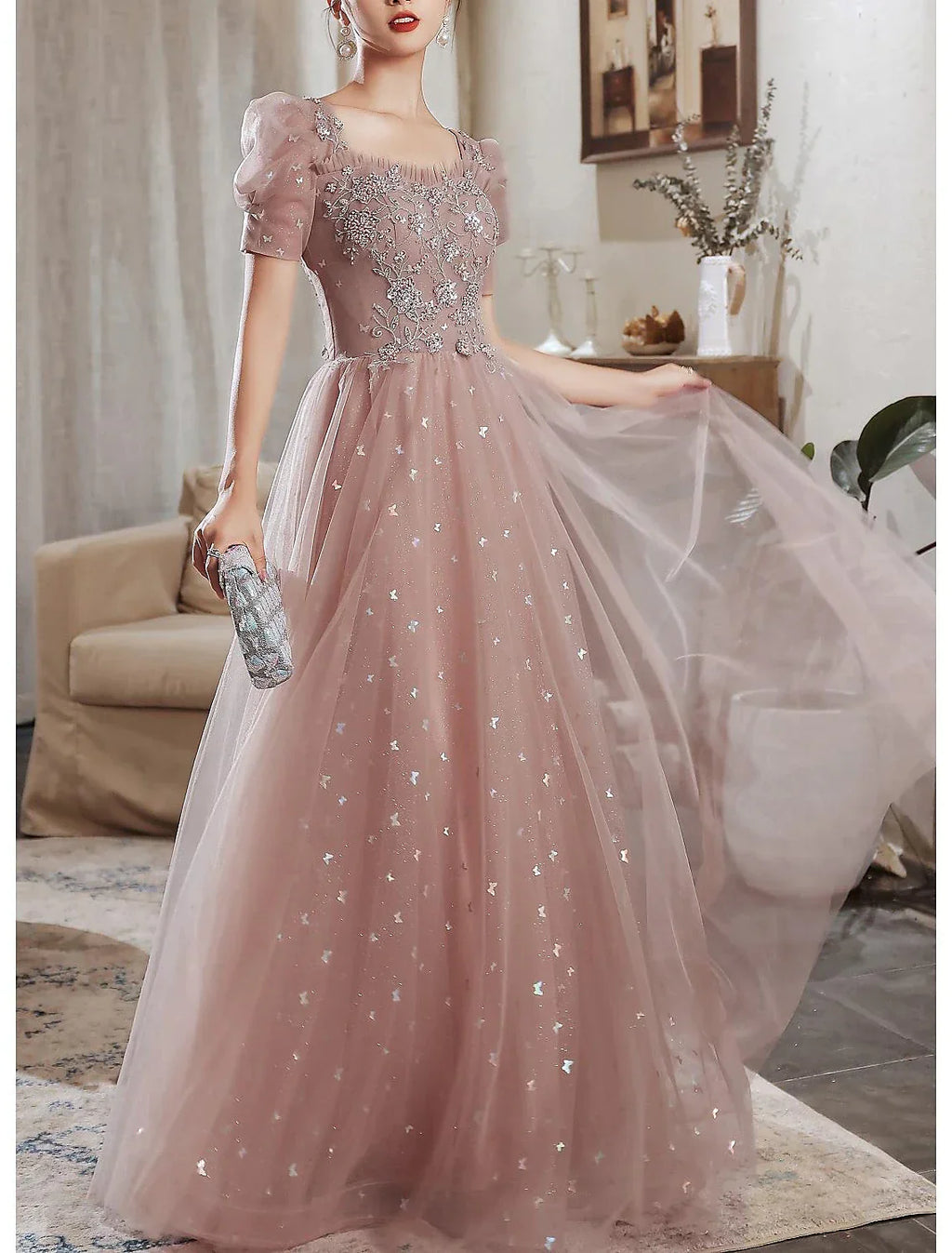 Wedding Guest Prom Floor Length Short Sleeve Sweetheart V Back with Beading Appliques