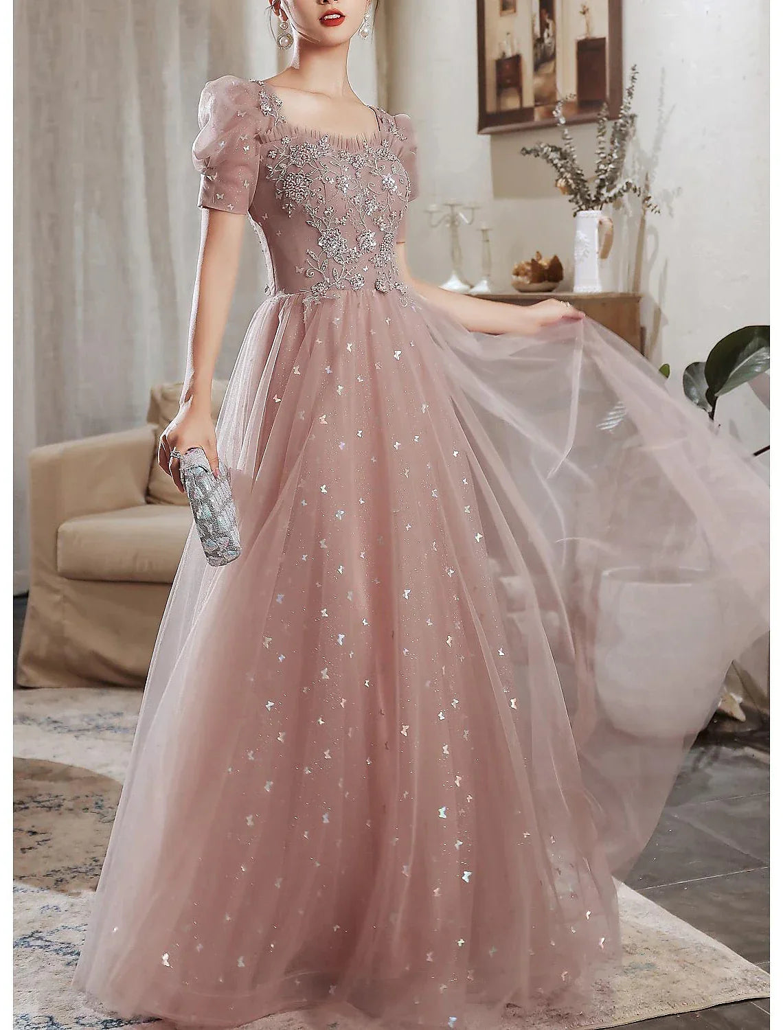 Wedding Guest Prom Floor Length Short Sleeve Sweetheart V Back with Beading Appliques
