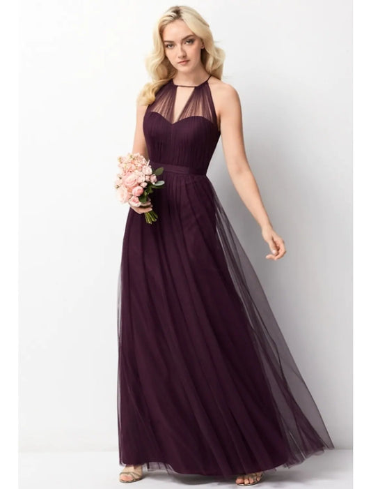 Elegant Red A-Line Classic-Neck Sleeveless Classic-Back Floor-Length Bridesmaid Dress
